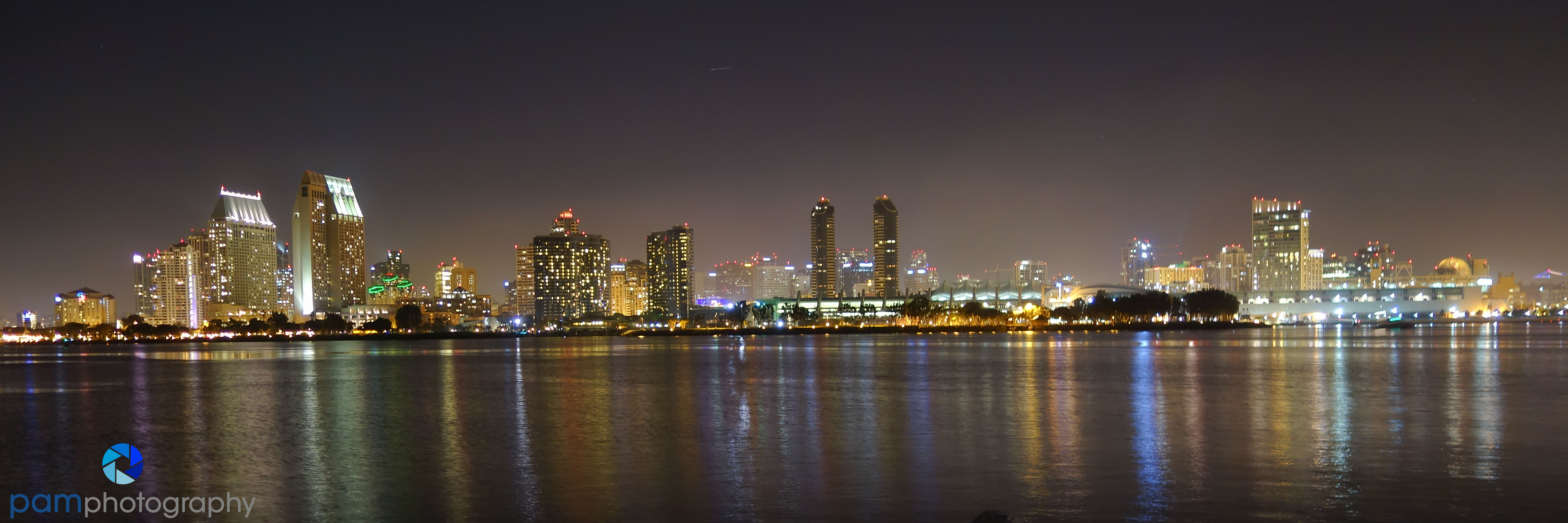 Night reflection of downtown San Diego from Coronado Island